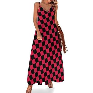 Rood zwart geruit dames zomer maxi-jurk V-hals mouwloze spaghettiband lange jurk