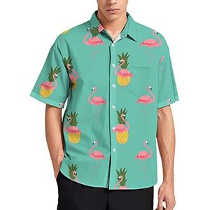 Kleurrijke Roze Flamingo En Ananas Hawaiiaanse Shirt Voor Mannen Zomer Strand Casual Korte Mouw Button Down Shirts met Zak