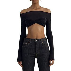 Dames sexy off-shoulder T-shirt, Y2k casual pure mesh t-shirt top effen trendy lange mouw crop tops skinny rekbare T-shirts esthetisch (kleur: B zwart, maat: S)