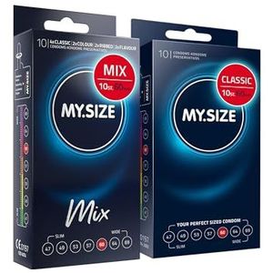 MY.SIZE Mixset maat 5, 60 mm: 10 Classic condooms + 10 soorten condoom, aroma, kleur, noppen