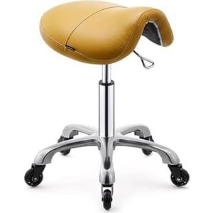 Zadelkruk met wieltjes, in hoogte verstelbaar, gevoerde en zachte zitting, rolkruk voor woonkamer, spa, kantoor, medisch en thuis (geel)