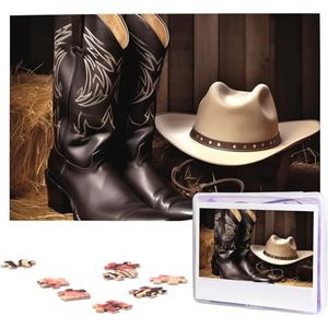 Cowboy zwarte hoed westernlaarzen 1 puzzels 1000 stuks gepersonaliseerde legpuzzels voor volwassenen gepersonaliseerde foto met opbergtas puzzel houten foto's puzzel voor familie woondecoratie (74,9
