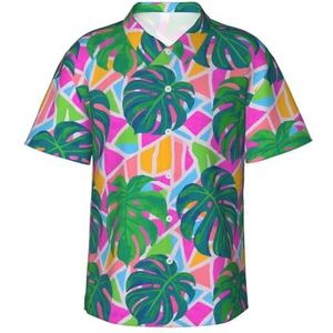Hawaiihemd voor heren, strand, korte mouwen, button-down-shirt, zomer, strand, tops met zak, S-3XL, Geometrische tropische bladeren, S
