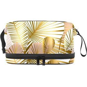 Gouden Bladeren Make-uptas Dubbele Laag Ruime Cosmetische Zakken voor Vrouwen en Meisjes Reizen Draagbare Toiletry Pouch met Rits, Meerkleurig, 27x15x14 cm/10.6x5.9x5.5 in, Make-up zakje