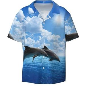 OdDdot Twee dolfijnen print herenoverhemden atletisch slim fit korte mouw casual zakelijk overhemd met knopen, Zwart, XXL
