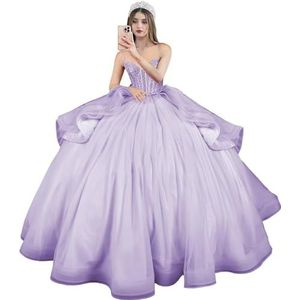 Fuomomo Quinceanera MT054 Jurken met spaghettibandjes, partyjurk met staart, Quinceanera kanten jurk met strik, Quinceanera tule met parels, Lila, 38