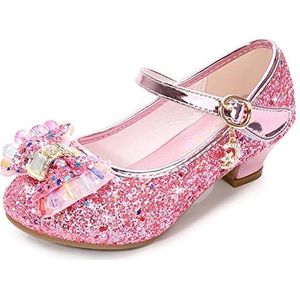 Kerst Schoenen Prinses kinderen lederen schoenen for meisjes bloem casual glitter kinderen hoge hak meisjes schoenen vlinder knoop blauw roze zilver Kerst Elf Schoenen (Color : 116-9A pink, Size : 3