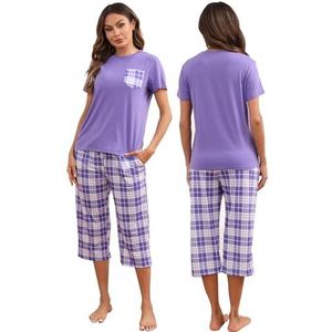 Reliwel Katoenen damespyjama voor de zomer, korte mouwen, geruit, 3/4, broek, nachtkleding, ronde hals, 2-delig, zacht, comfortabel, Lila., XL