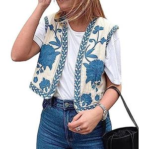 Dames vintage geborduurd vest crop topY2K mouwloos boho bloemenprint vest vintage open voorkant linnen vest gilet uitloper (kleur: blauw, maat: M)