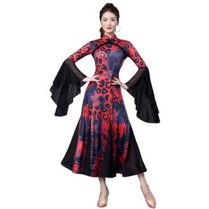 Tytyozay Standaard dansjurk voor dames, elegante luipaardprintjurk met klokmouwen lange mouwen performancejurkkostuum met wijde swingrok voor wals tango en flamenco,Rood,L