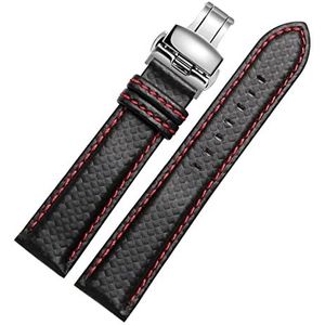 LQXHZ 18mm 20mm 22mm 24mm herenhorloge band koolstofvezel horlogeband met rode gestikte + lederen voering roestvrij stalen sluitingslatband(Red deploy clasp,20mm black clasp)