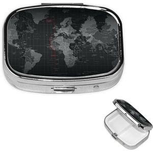 Zwarte wereldkaart pillendoos met spiegel, 2 compartimenten kleine pillenetui voor portemonnee of zak, mini metalen pillenhouder reizen wekelijkse geneeskunde tablet vitaminehouder organizer