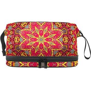 Grote capaciteit reizen cosmetische tas, oranje psychedelische mandala patroon, make-up tas, waterdichte make-up tas organisator, Meerkleurig, 27x15x14 cm/10.6x5.9x5.5 in