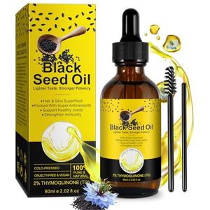 Biologische zwarte komijnzaadolie, 60 ml, glazen fles + pipet + borstel voor haarverlies, acne en mee-eters