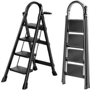 K IKIDO Inklapbare trapladder, ladder met leuning, 3/4/5 treden, antislip, gemakkelijk op te bergen, brede treden, geschikt voor keuken, huishouden en wonen, belastbaarheid tot 150 kg (zwart, 4