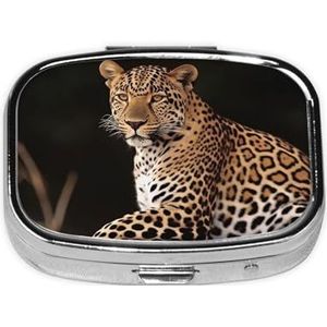 African Leopard on Rock Print Pillendoosje 2 Compartimenten Kleine Pillenetui met Spiegel Pillen Organizer Draagbare Geneeskunde Pillendoos voor Reizen Pocket Purse