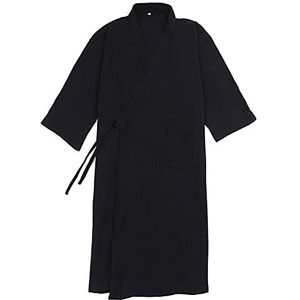 Mannen Japanse Kimono Double Gauze Katoenen Gewaad Plus Size Zen Kleding Taoïstische Kleding ROBE, Zwart01, XL