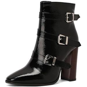 EICOFF Dames Enkellaarsjes met vierkante neus, zijrits, hoge blokhakken, waterdicht leer, motorlaarzen, casual dagelijkse modieuze damesschoenen,zwart,35 EU