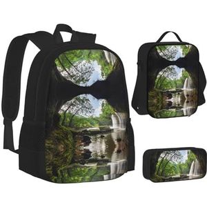 SUHNGE Grappige Astronaut Dinosaurus Raket Print Schooltas 3 Stuks Set Wandelen Lichtgewicht Laptop Rugzak Etui Lunch Tas, Mountain Waterval, Eén maat