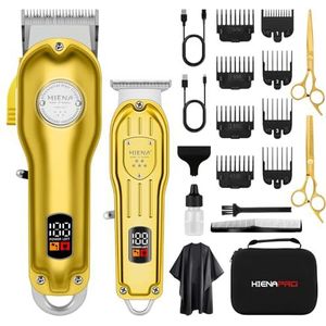 HIENA PRO Professionele tondeuse set voor mannen, draadloze kappers-tondeuse, tondeuse, set voor haarsnijmachine, oplaadbare tondeuse voor kappers met led-display (goud)