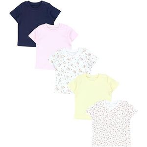 TupTam Baby Meisjes T-shirt met Korte Mouwen Gedessineerd Kleurrijk Set van 5, Bloemen Roze Geel Donkerblauw, 74