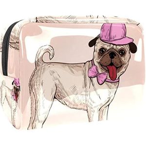Mooie Pug Hond met Roze Cap Print Reizen Cosmetische Tas voor Vrouwen en Meisjes, Kleine Waterdichte Make-up Tas Rits Pouch Toiletry Organizer, Meerkleurig, 18.5x7.5x13cm/7.3x3x5.1in, Modieus