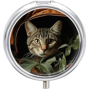 Ronde pillendoos kat in zak bedrukt 3 compartimenten kleine pillendoosje draagbare reispillencontainer om supplementen vast te houden vitaminen visolie medicatie