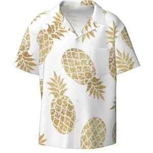 TyEdee Gouden ananas Achtergrond Print Heren Korte Mouw Jurk Shirts met Pocket Casual Button Down Shirts Business Shirt, Zwart, XL