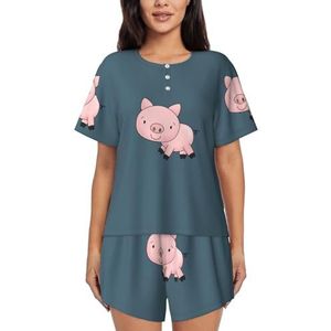 JIAWUJYNB Pyjama met varkensprint voor dames met korte mouwen - comfortabele korte sets, nachtkleding met zakken, Zwart, S