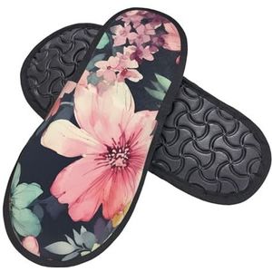 HerfsT Harige pantoffels met bloemenprint voor dames en heren, pluizige traagschuim pantoffels winter pluche huispantoffels M, Zwart, Medium