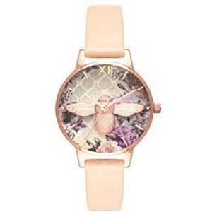 Olivia Burton Womens analoge Japanse Quartz horloge met lederen band OB16EG98, Perzik & Rose Goud