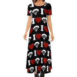 I Love Parachute dames zomer casual korte mouwen maxi-jurk ronde hals bedrukte lange jurken 7XL