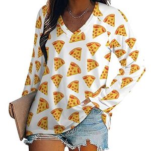 Happy Pizza T-shirts voor dames, lange mouwen, V-hals, herfst, tops, trui, tuniek, T-shirt voor leggings
