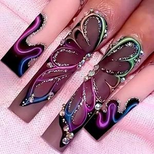 Coffin False Nails Crystal Butterfly Press on Nails Sequin Stick on Nails Long Ballerina Acrylic Fake Nails 24pcs for Women and Girls