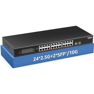 26-poorts 2,5G Unmanaged Ethernet-switch, 24 x 2,5 Gb Base-T-poorten, 2 x 10G SFP+, compatibel met 100/1000/2500 Mbps, metalen behuizing, desktop-/rekmontage, YuanLey 2,5 Gbe netwerkswitch voor