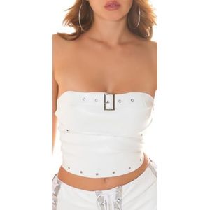 krautwear Dames kunstlederen bandeau crop top buikvrij bandeau-top in lederlook met decoratieve gesp oogjes en ritssluiting, wit, 36