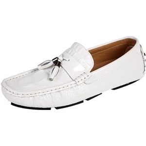 Loafers for heren Ronde neus PU-leer Krokodillenprint Kwastje Rijden Loafers Flexibel Antislip Antislip Modieus Klassiek Instapper (Color : White, Size : 43 EU)