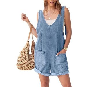 NARUPE Casual mouwloze V-hals denim romper overall shorts zomer jeans jumpsuits denim outfit met zak, Blauw, S