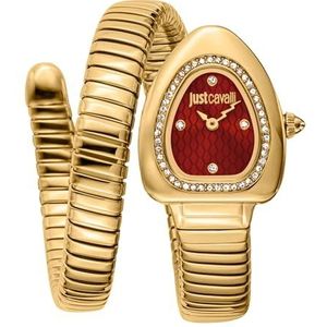 JUST CAVALLI Vrouwen Horloge, Gouden Kleur Geval, Rode Wijzerplaat, Gouden Kleur Metalen Armband, 2 Handen, 3 ATM, Gouden Kleur