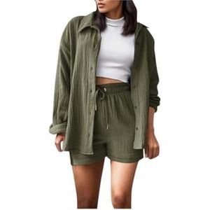 2024 Vrouwen Modieuze Casual 3 Delige Set Gerimpelde Stof Shorts Gaas Vest Vest Casual Set Vrouwelijke Street Wear (Color : Military green, Size : L)