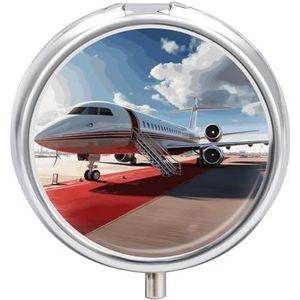 Rode loper vliegtuig pillenorganisator reizen pillendoos 3 compartimenten dagelijkse ronde medicijncontainer met spiegel wekelijkse draagbare pillendispensergevallen voor portemonnee zak