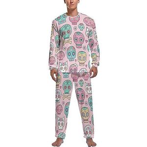Sugar Skulls On Roze Zachte Heren Pyjama Set Comfortabele Lange Mouw Loungewear Top En Broek Geschenken L