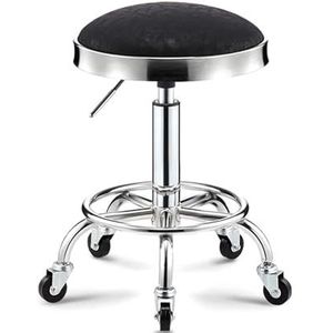 FXLUHAY Leuke draaibare massagesalon kruk met voetsteun, ronde rollende kruk schoonheid spa stoel, verstelbare hoogte PU lederen barkruk voor kappers manicure tattoo kapper (zwart)