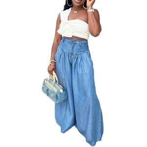 LoprNsdgt Jeans Met Wijde Pijpen Voor Vrouwen Knoopgulp Met Hoge Taille Vintage Baggy Jeans Streetwear-Broek,Blauw,L