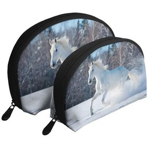 Make-uptas, cosmetische reistas, 2 stuks draagbare clutch pouch-set Pouch Organizer wit paard in de winter, zoals afgebeeld, Eén maat