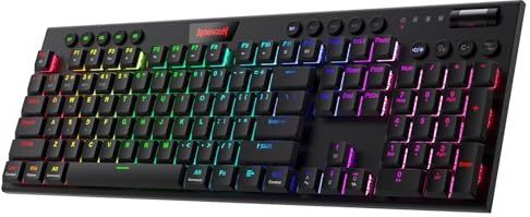 Redragon K618 Horus mechanisch RGB-toetsenbord, Bluetooth/2,4 GHz/bekabeld, tri-mode, platte toetsen, gamingtoetsenbord met draadloze verbinding, speciale media-besturing en bruine schakelaar