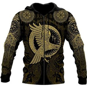 Unisex Viking Odin Raven Hoodie, 3D-geprinte Nieuwigheid Harajuku Herfst en Winter Casual Pullover Sweatshirt, Noordse Middeleeuwse Pagan Lange Mouw Zip Jacket (Color : Zip Hoodie, Size : 5XL)
