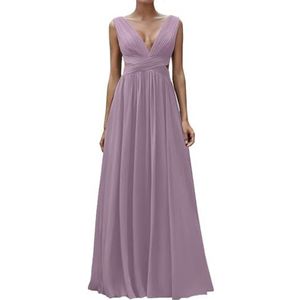 Diepe V-hals Prinses Bruidsmeisjes Jurken Chiffon Galajurken met Split Formele Avondjurk ZM195, Mauve, 32
