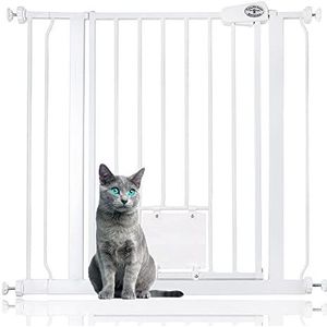 Bettacare Huisdierhek met afsluitbaar kattenluik, 81.4cm - 89cm, wit, 75cm hoog, extra hoge hondenveiligheidsbarrière met kattenluik, eenvoudige installatie
