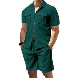 UBOHUZ Heren shirt met korte mouwen casual heren zomer set korte mouw button up shirt en comfortabele elastische taille shorts in effen kleuren voor strand voor vrije tijd, Groen, XXL